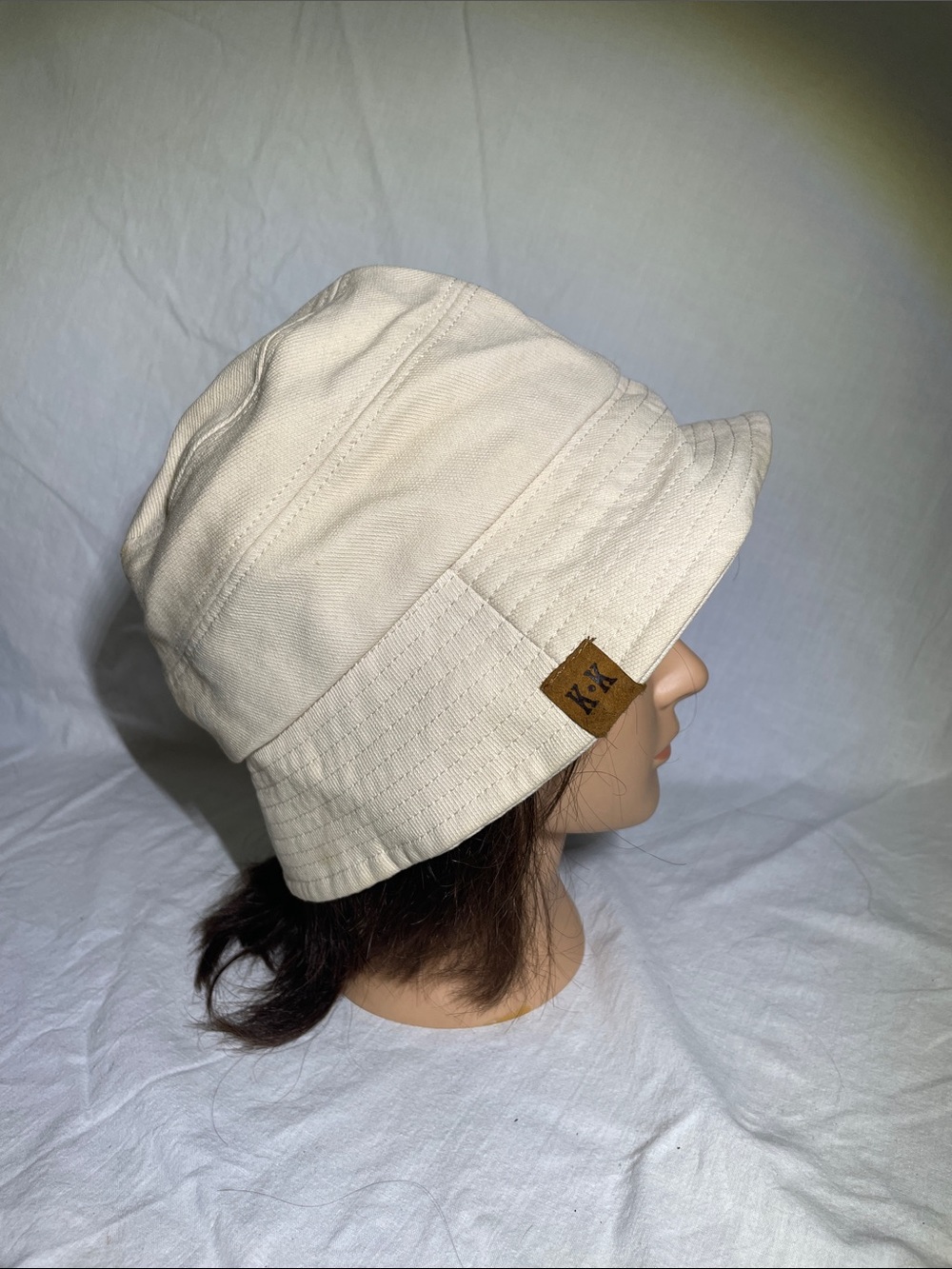 Women's Cream Canvas Bucket Hat with Leather Logo Patchy KK